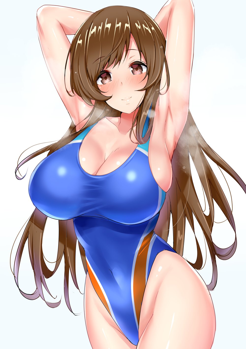 1girl armpits arms_behind_head arms_up bangs bare_shoulders blue_swimsuit blush breasts brown_eyes brown_hair cleavage closed_mouth collarbone covered_navel heavy_breathing highleg highleg_swimsuit highres hips idolmaster idolmaster_cinderella_girls large_breasts long_hair looking_at_viewer nitta_minami one-piece_swimsuit sankakusui shiny shiny_hair simple_background smile solo swept_bangs swimsuit thighs waist white_background