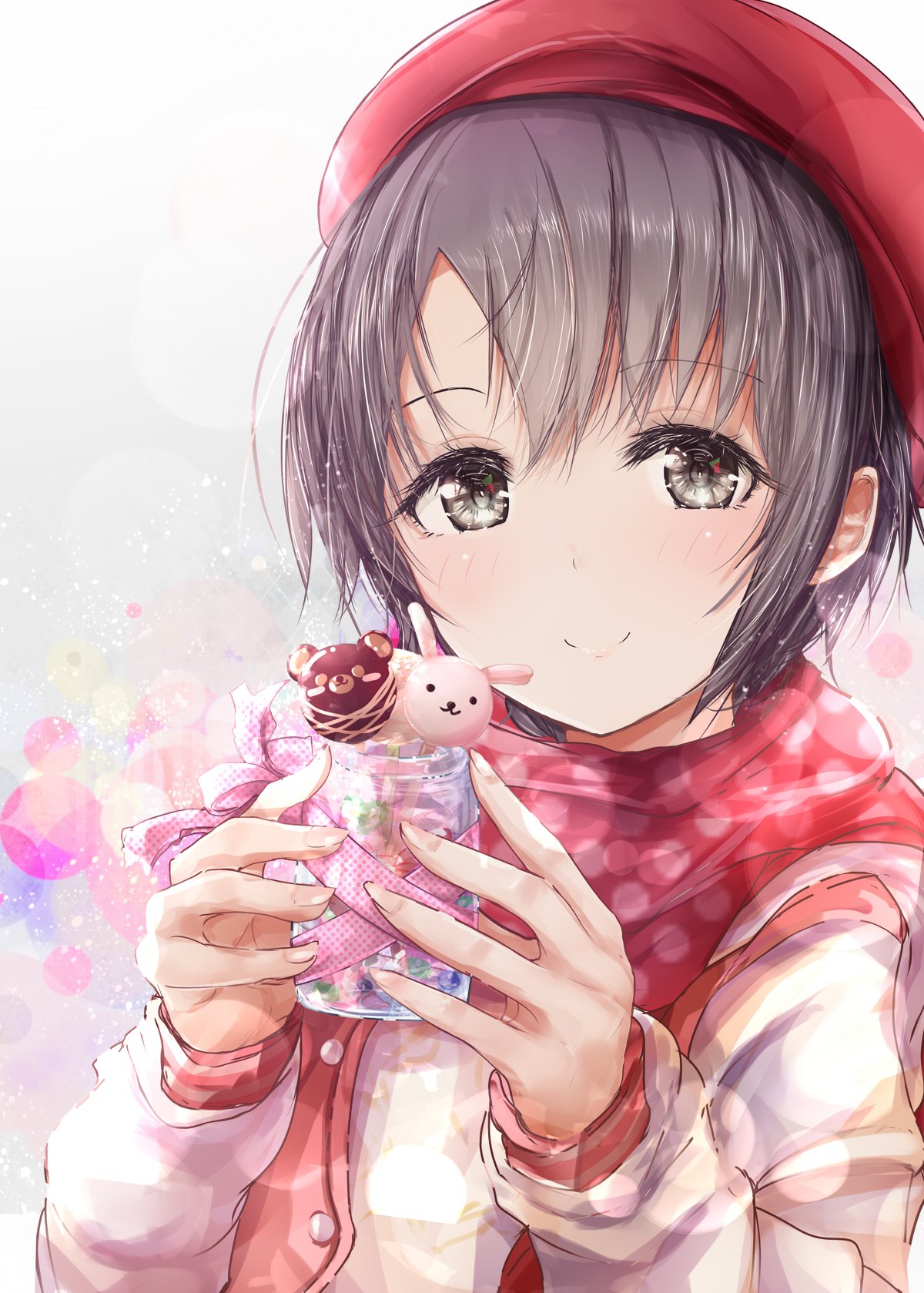 1girl black_eyes candy commentary_request food grey_hair hat highres idolmaster idolmaster_cinderella_girls long_hair long_sleeves looking_at_viewer otokura_yuuki red_hat redeye_(artist) ribbon scarf short_hair solo upper_body