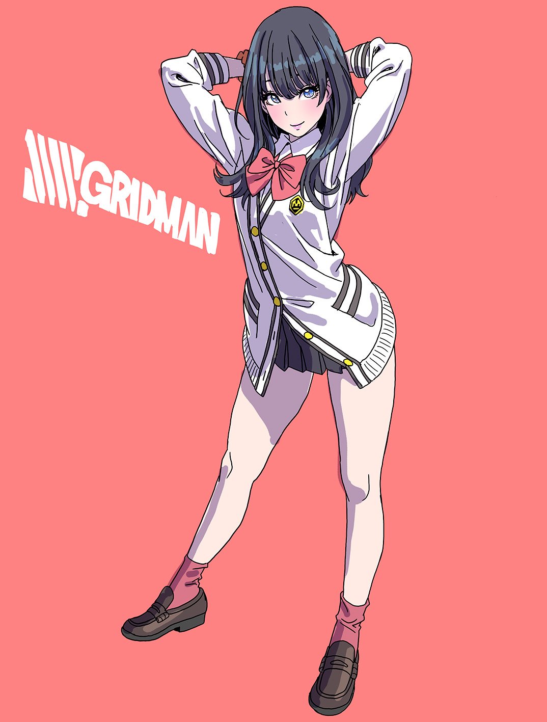 1girl arms_behind_head bangs black_hair blue_eyes bow bowtie buttons closed_mouth commentary_request full_body highres lips loafers long_hair long_sleeves looking_at_viewer pink_background school_uniform shiny shiny_hair shoes simple_background skirt socks solo ssss.gridman standing takarada_rikka yamashita_shun'ya