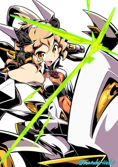 1girl attack bangs commentary covered_navel diffraction_spikes foreshortening frown gauntlets greaves head_tilt light_brown_hair looking_at_viewer mutsuki_riichi open_mouth orange_eyes orange_shirt senki_zesshou_symphogear shirt short_hair simple_background sleeveless sleeveless_shirt solo tachibana_hibiki_(symphogear) twitter_username v-shaped_eyebrows white_background