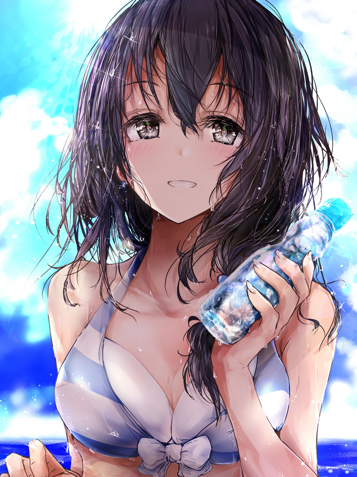 1girl bare_shoulders bikini black_hair blue_sky breasts brown_eyes commentary_request fujiwara_hajime hair_between_eyes highres idolmaster idolmaster_cinderella_girls long_hair medium_breasts ramune redeye_(artist) sky solo swimsuit upper_body wet