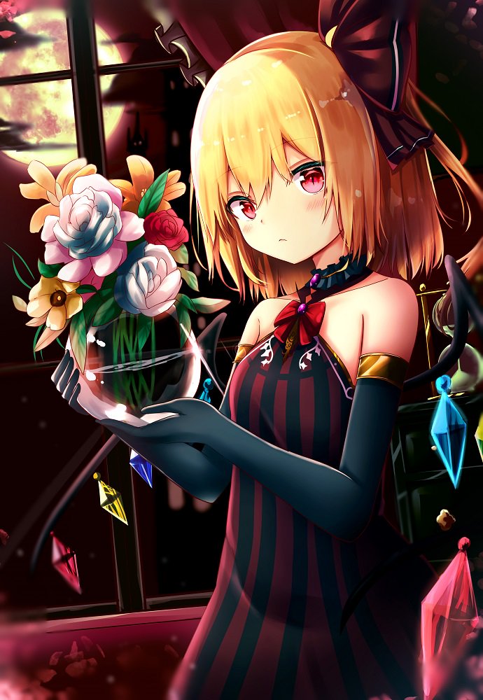 1girl alternate_costume bangs bare_shoulders black_collar black_gloves blonde_hair blush bow breasts brooch clouds collar collarbone commentary_request cowboy_shot crystal curtains dress elbow_gloves eyeshadow flandre_scarlet flower frilled_collar frills full_moon glass gloves hair_between_eyes hair_ribbon halterneck head_tilt holding hourglass indoors jewelry leaf looking_at_viewer makeup moon no_hat no_headwear one_side_up orange_flower pink_flower red_bow red_eyes red_flower red_neckwear red_ribbon red_rose renka_(cloudsaikou) ribbon rose short_hair small_breasts solo striped touhou vase vertical-striped_dress vertical_stripes white_flower white_rose wings yellow_flower