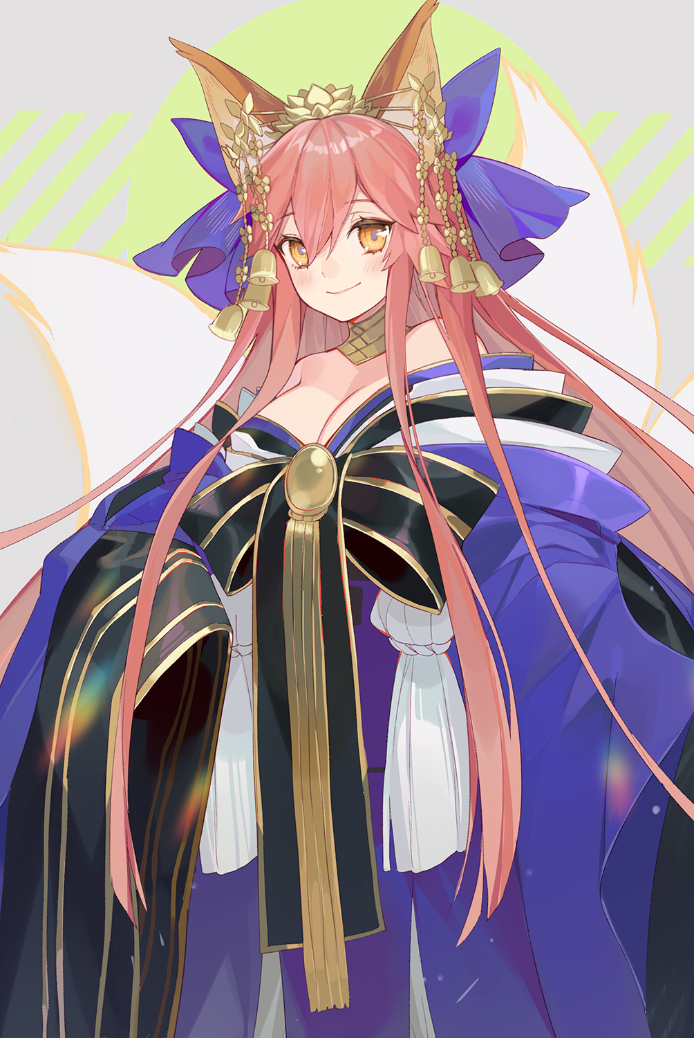 1girl animal_ear_fluff animal_ears blush breasts cleavage fate/extra fate/grand_order fate_(series) fox_ears fox_girl fox_tail highres japanese_clothes large_breasts long_hair looking_at_viewer multiple_tails pink_hair solo tail tamamo_(fate)_(all) tamamo_no_mae_(fate) turkey_(weave7769) yellow_eyes