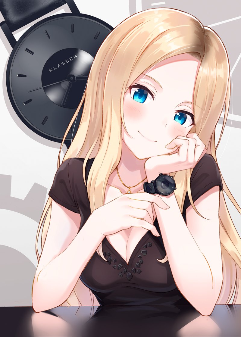 1girl black_shirt blonde_hair blue_eyes blush breasts cleavage closed_mouth collarbone eyebrows_visible_through_hair hyuuga_azuri jewelry klasse14 large_breasts long_hair looking_at_viewer necklace original shirt short_sleeves smile solo upper_body watch watch