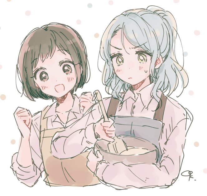 2girls :d alternate_hairstyle apron aqua_hair artist_name bang_dream! bangs brown_eyes brown_hair clenched_hands collared_shirt eyebrows_visible_through_hair green_eyes hands_up hazawa_tsugumi hikawa_sayo kudo_(low_temp) long_hair long_sleeves mixing mixing_bowl multiple_girls muted_color open_mouth ponytail shirt short_hair sidelocks sleeves_rolled_up smile spatula sweatdrop upper_body v-shaped_eyebrows