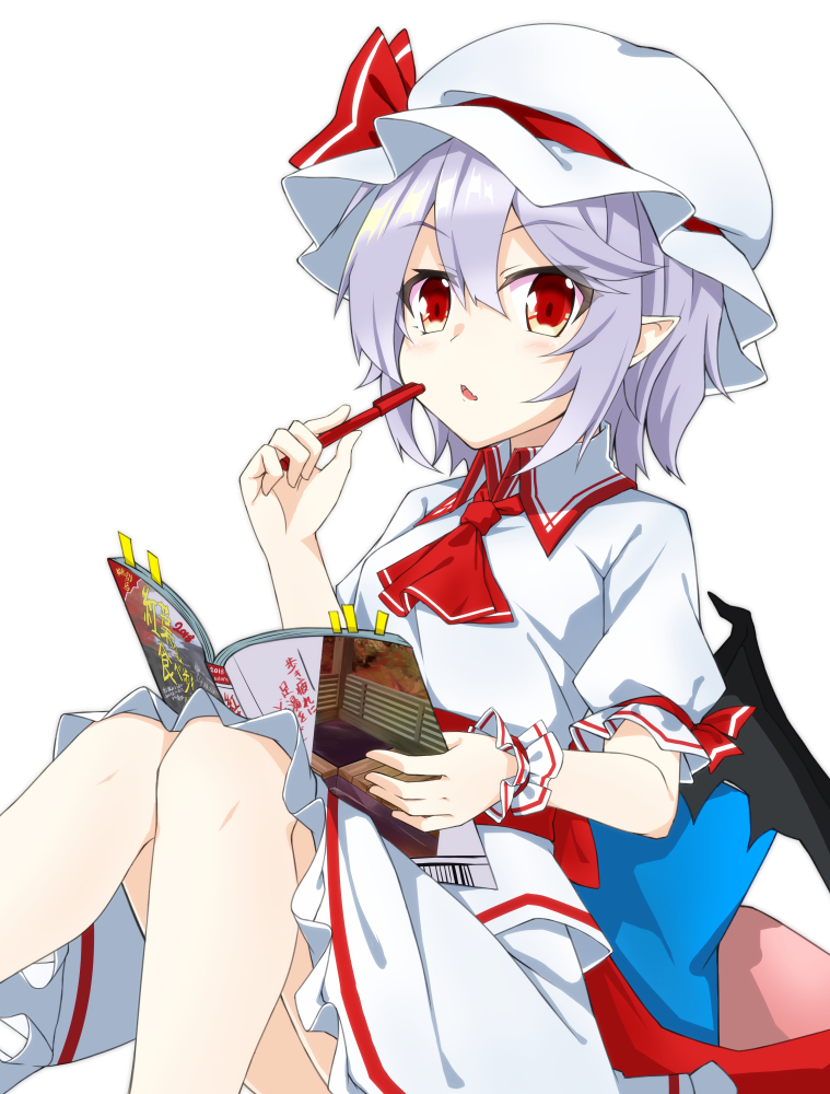 1girl :o akisome_hatsuka arm_ribbon ascot bangs bat_wings black_wings blush book bookmark collared_shirt commentary_request cushion eyebrows_visible_through_hair feet_out_of_frame frilled_skirt frilled_sleeves frills grey_hair hair_between_eyes hat hat_ribbon holding holding_book knees_up looking_at_viewer market medium_skirt open_book open_mouth pointy_ears red_eyes red_neckwear red_ribbon remilia_scarlet ribbon shiny shiny_hair shirt short_hair short_sleeves simple_background skirt solo touhou white_background white_hat white_shirt white_skirt wings wrist_cuffs