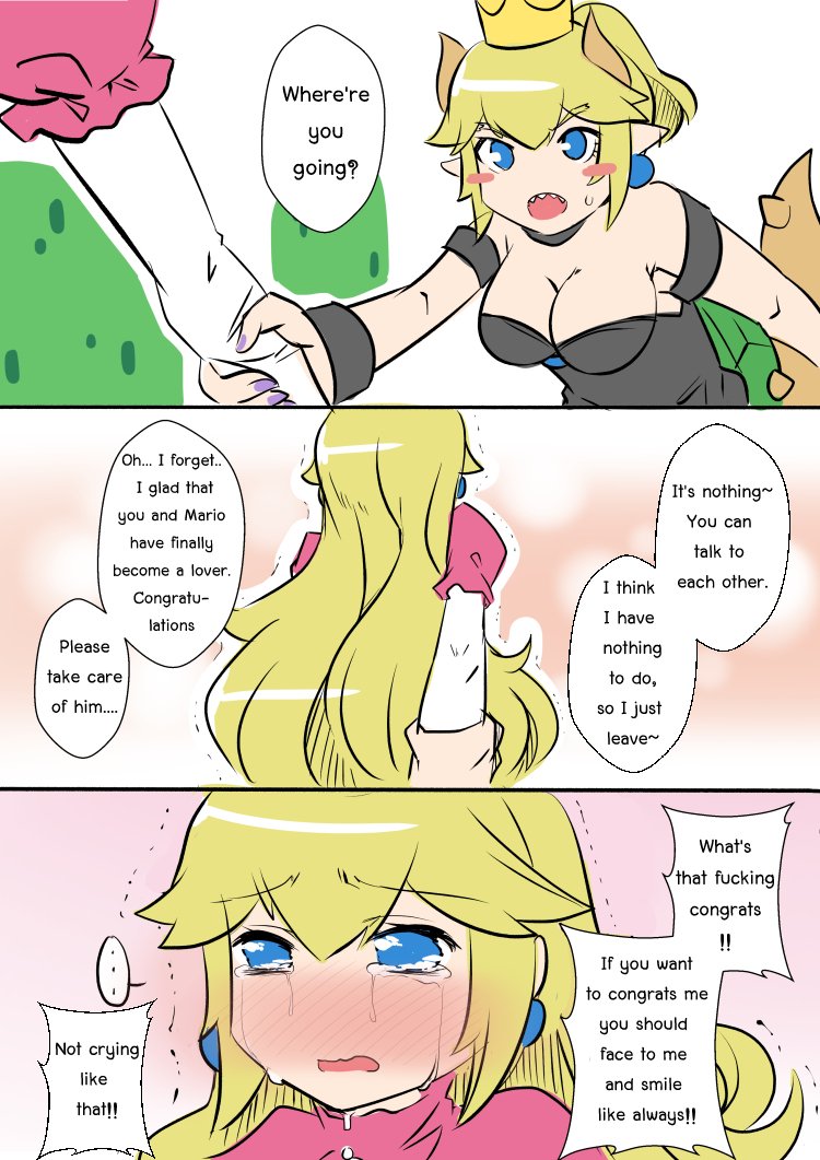 2girls arm_holding bare_shoulders black_dress blonde_hair blue_earrings blue_eyes blush blush_stickers bowsette breasts cleavage comic crying crying_with_eyes_open dress engrish horns long_hair super_mario_bros. multiple_girls new_super_mario_bros._u_deluxe nintendo nose_blush pink_dress ponytail pov princess_peach ranguage sesield short_hair strapless strapless_dress streaming_tears super_crown tears