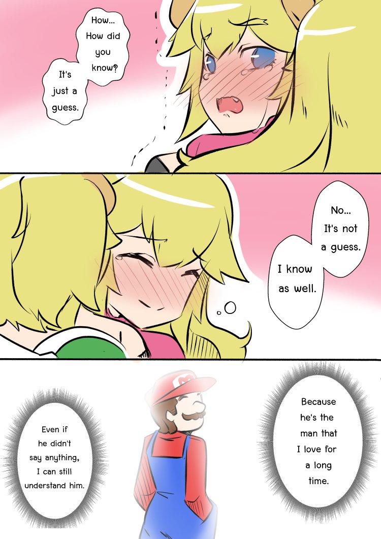 2girls armlet blue_eyes blush bowsette collar comic crown dress earrings engrish full-face_blush hug jewelry long_hair mario super_mario_bros. multiple_girls new_super_mario_bros._u_deluxe nintendo princess_peach ranguage sesield super_crown super_mario_bros. tears