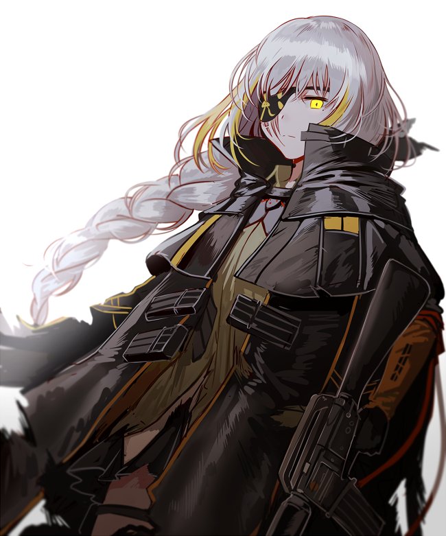 1girl assault_rifle bangs blonde_hair braid closed_mouth commentary eyepatch girls_frontline gloves gun jacket long_hair m16 m16a1 m16a1_(girls_frontline) mole mole_under_eye multicolored_hair rifle scar silence_girl silver_hair solo streaked_hair weapon white_background yellow_eyes