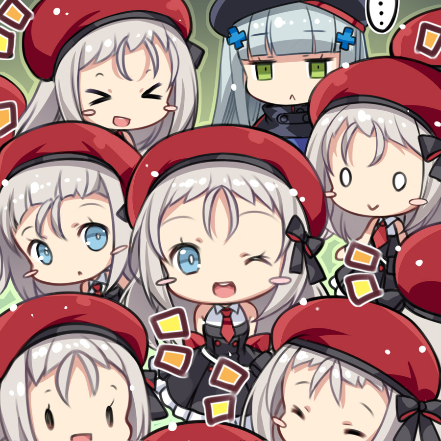 &gt;_&lt; ... 0_0 6+girls :&gt; :&lt; :d ;d ^_^ bangs bare_shoulders beret black_dress black_hat blue_eyes blue_jacket blunt_bangs blush_stickers capura_lin character_request chibi closed_eyes closed_eyes closed_mouth commentary_request dress eyebrows_visible_through_hair girls_frontline green_background green_eyes hair_ornament hair_strand hat hk416_(girls_frontline) jacket long_hair mp5_(girls_frontline) multiple_girls multiple_persona necktie notice_lines one_eye_closed open_mouth red_hat red_neckwear round_teeth short_necktie silver_hair sleeveless sleeveless_dress smile spoken_ellipsis teeth upper_teeth very_long_hair xd