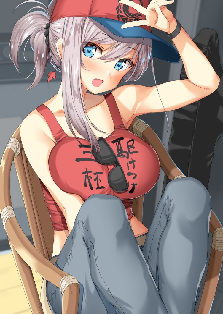 1girl asymmetrical_hair bangs bare_shoulders baseball_cap blue_eyes blush body_mahattaya_ginga breasts chair clothes_writing collarbone denim earrings fate/grand_order fate_(series) hand_gesture hand_up hat jeans jewelry knees_up large_breasts long_hair looking_at_viewer midriff miyamoto_musashi_(fate/grand_order) open_mouth pants pink_hair ponytail red_tank_top sitting smile solo sunglasses v wristband