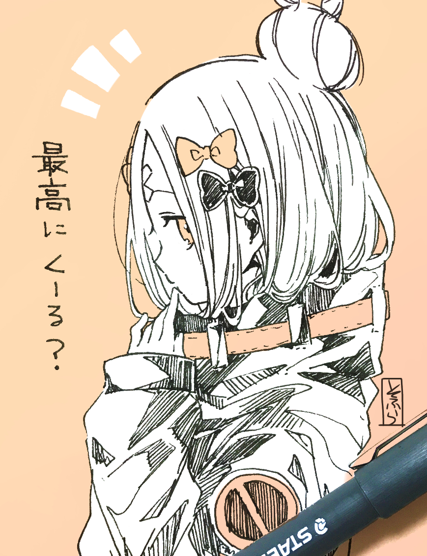 1girl abigail_williams_(fate/grand_order) black_bow bow fate/grand_order fate_(series) finger_to_mouth hair_bow hair_bun hand_to_own_mouth hand_up heroic_spirit_traveling_outfit long_hair long_sleeves looking_at_viewer monochrome notice_lines orange_background orange_bow orange_eyes photo profile sleeves_past_wrists sofra solo traditional_media translation_request
