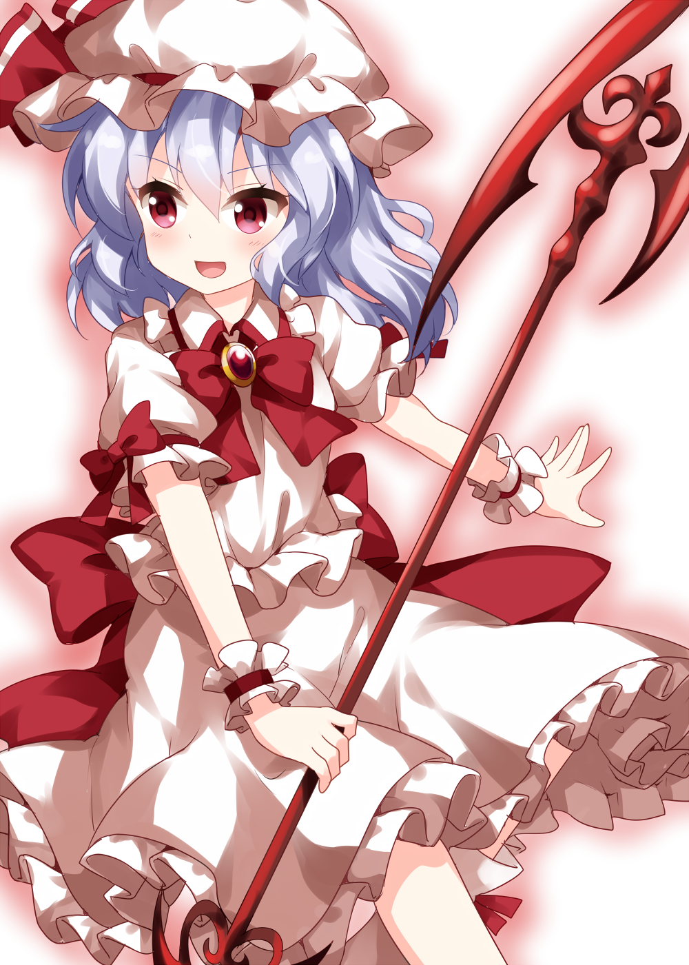 1girl :d blue_hair bow bowtie brooch eyebrows_visible_through_hair frills hat highres jewelry long_hair mob_cap open_mouth outstretched_arms polearm puffy_short_sleeves puffy_sleeves red_eyes red_neckwear remilia_scarlet ruu_(tksymkw) shirt short_sleeves simple_background skirt smile solo spear spear_the_gungnir touhou v-shaped_eyebrows weapon white_background white_shirt white_skirt wrist_cuffs