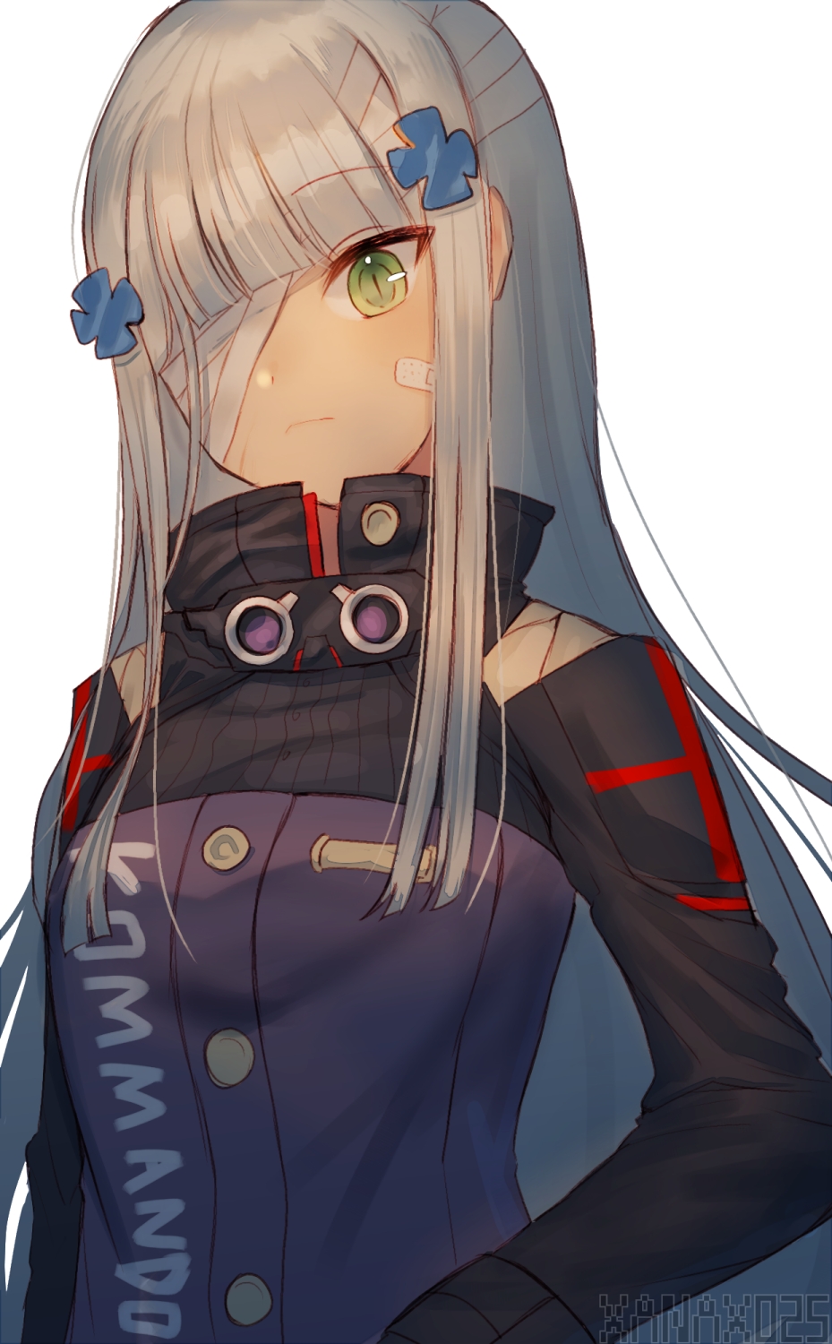 1girl artist_name bandage_over_one_eye bandaid bandaid_on_face bangs blunt_bangs blush closed_mouth clothes_writing eyebrows_visible_through_hair girls_frontline goggles goggles_around_neck green_eyes hair_ornament high_collar highres hk416_(girls_frontline) long_hair long_sleeves military military_uniform one_eye_covered sidelocks simple_background slit_pupils solo straight_hair uniform upper_body white_background xanax025