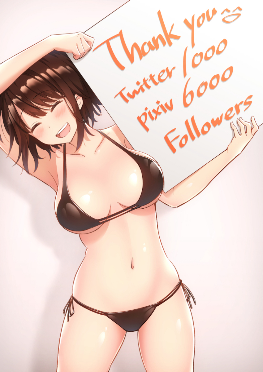 1girl bare_shoulders bikini black_bikini blush breasts brown_hair closed_eyes collarbone eyebrows_visible_through_hair facing_viewer followers highres holding holding_sign large_breasts navel open_mouth original otonari short_hair sign smile solo swimsuit