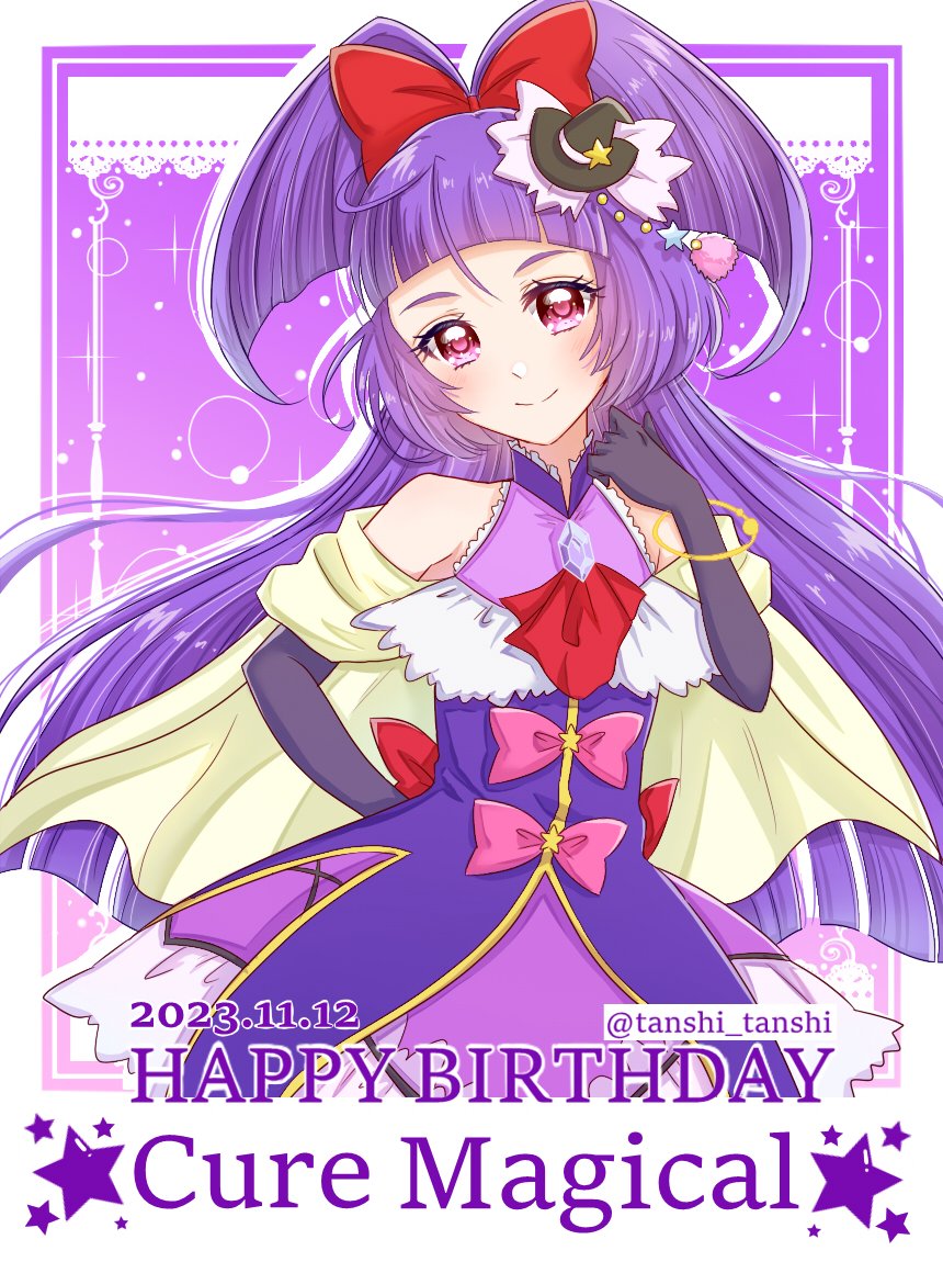 1girl black_gloves black_headwear bow capelet character_name cure_magical dated dress earrings elbow_gloves gloves hat izayoi_liko jewelry long_hair looking_at_viewer magical_girl mahou_girls_precure! mini_hat mini_witch_hat precure purple_background purple_dress purple_hair red_bow solo tanshi_tanshi twitter_username upper_body violet_eyes white_background witch_hat