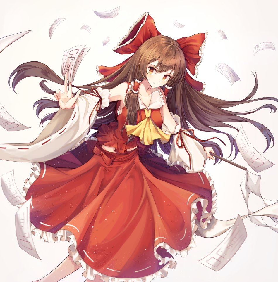 1girl ascot bangs bare_shoulders bow brown_hair collared_shirt detached_sleeves frilled_bow frilled_shirt_collar frilled_skirt frills gohei hair_bow hair_tubes hakurei_reimu japanese_clothes long_hair looking_at_viewer miko minyumim nontraditional_miko ofuda orange_eyes red_bow red_ribbon red_shirt red_skirt ribbon ribbon-trimmed_sleeves ribbon_trim shirt skirt skirt_set sleeveless sleeveless_shirt smile solo touhou very_long_hair wide_sleeves