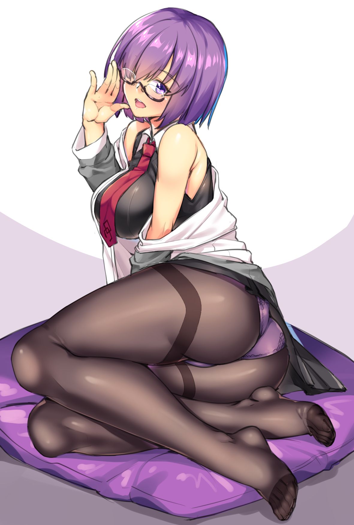 1girl adjusting_eyewear ass breasts collared_vest cushion fate/grand_order fate_(series) glasses grey_jacket grey_vest hair_over_one_eye highres jacket large_breasts looking_at_viewer lying mash_kyrielight necktie no_shoes off_shoulder on_side open_mouth panties pantyhose pink_hair pink_panties red_neckwear shirokuma_a short_hair solo thighband_pantyhose underwear vest violet_eyes white_background