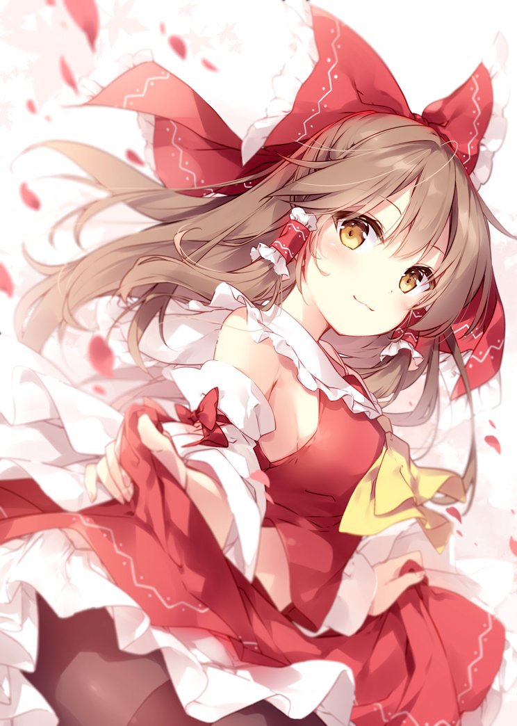 1girl bare_shoulders black_leg_wear blush brown_hair collar detached_sleeves flower frills hair_accessories hair_tube hakurei_reimu long_hair marimo_moka midriff neckerchief pantyhose petals ponytails red_skirt ribbon skirt skirt_lift touhou white_background yellow_eyes