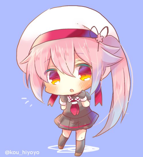 1girl :o bangs beret black_gloves black_legwear black_sailor_collar black_shirt black_skirt blue_background blue_hair blush brown_footwear chibi commentary_request eyebrows_visible_through_hair full_body gloves gradient_hair hair_between_eyes hair_flaps harusame_(kantai_collection) hat head_tilt kantai_collection kneehighs kouu_hiyoyo multicolored_hair neckerchief parted_lips pink_hair pleated_skirt puffy_short_sleeves puffy_sleeves red_eyes red_neckwear red_ribbon ribbon sailor_collar shirt short_sleeves side_ponytail skirt solo standing twitter_username white_hat white_sailor_collar