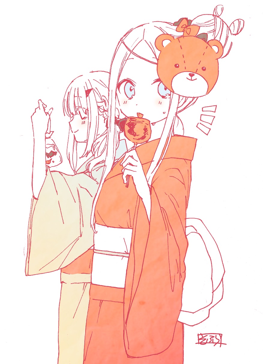 2girls abigail_williams_(fate/grand_order) animal bag bagged_fish bangs bear_mask black_bow blush bow braid candy_apple closed_mouth eyebrows_visible_through_hair fate/grand_order fate_(series) fish food forehead green_kimono hair_bow hair_bun highres holding holding_food horn japanese_clothes kimono lavinia_whateley_(fate/grand_order) licking long_hair long_sleeves looking_at_viewer looking_to_the_side mask mask_on_head multiple_girls obi orange_bow orange_kimono parted_bangs profile sash side_bun sidelocks smile sofra tongue tongue_out water wide_sleeves