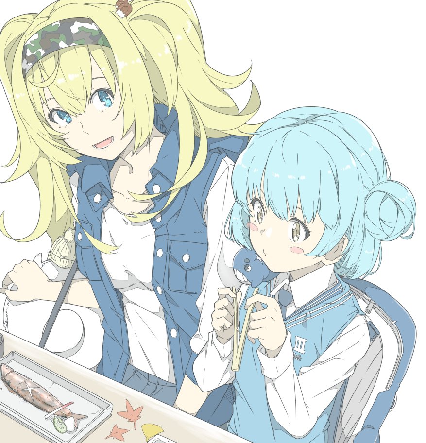 2girls alternate_costume blonde_hair blue_eyes blue_hair blush_stickers breast_pocket breasts buttons chopsticks collared_shirt double_bun fish food gambier_bay_(kantai_collection) hair_between_eyes hair_ornament hairband hairclip holding holding_chopsticks kantai_collection large_breasts long_hair long_sleeves looking_at_another multiple_girls ninimo_nimo open_clothes open_mouth open_vest pocket puckered_lips samuel_b._roberts_(kantai_collection) shirt short_hair sitting smile twintails unbuttoned vest white_shirt