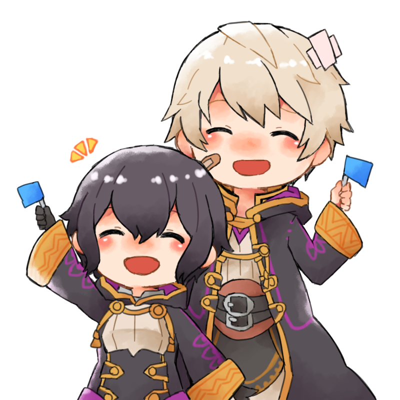 1boy 1girl bandaid bandaid_on_face belt black_gloves black_hair closed_eyes father_and_daughter fire_emblem fire_emblem:_kakusei fire_emblem_heroes flag gloves long_sleeves male_my_unit_(fire_emblem:_kakusei) mark_(female)_(fire_emblem) mark_(fire_emblem) my_unit_(fire_emblem:_kakusei) nintendo open_mouth robe short_hair shunrai simple_background white_background white_hair