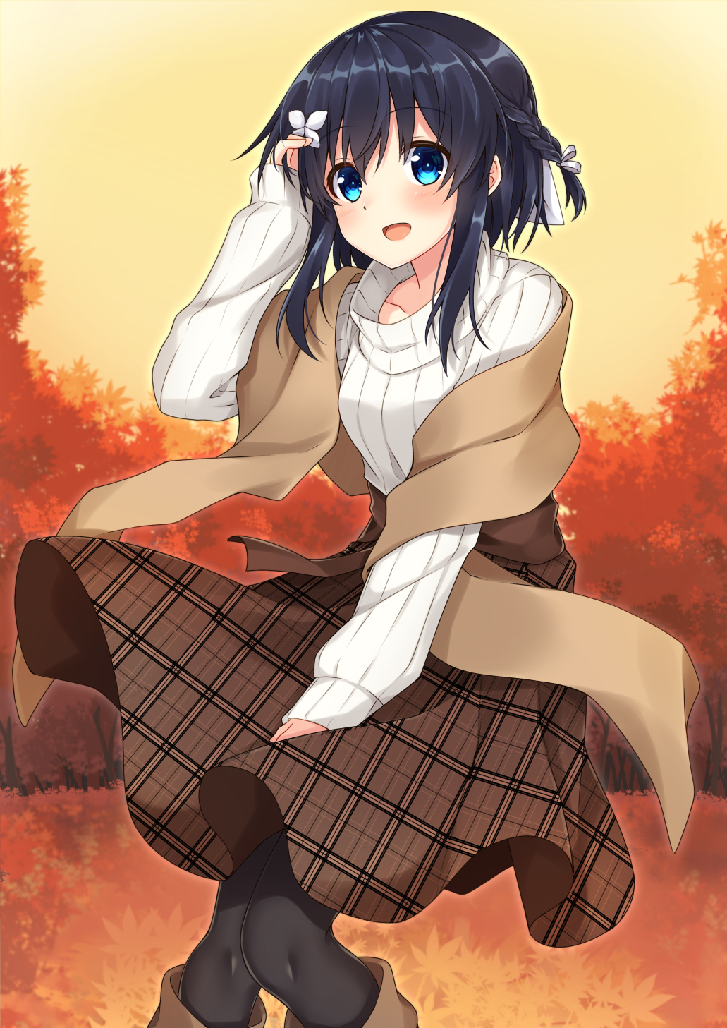 1girl :d arm_up autumn_leaves bangs black_hair black_legwear blue_eyes blush boots braid brown_footwear brown_skirt butterfly_hair_ornament commentary_request eyebrows_visible_through_hair grey_ribbon hair_between_eyes hair_ornament hair_ribbon highres knee_boots komori_kuzuyu leaf long_hair long_sleeves maple_leaf open_mouth original outdoors pantyhose plaid plaid_skirt ribbed_sweater ribbon rivier_(kuzuyu) shawl side_braid single_braid skirt sky smile solo standing sweater tree unmoving_pattern white_sweater yellow_sky
