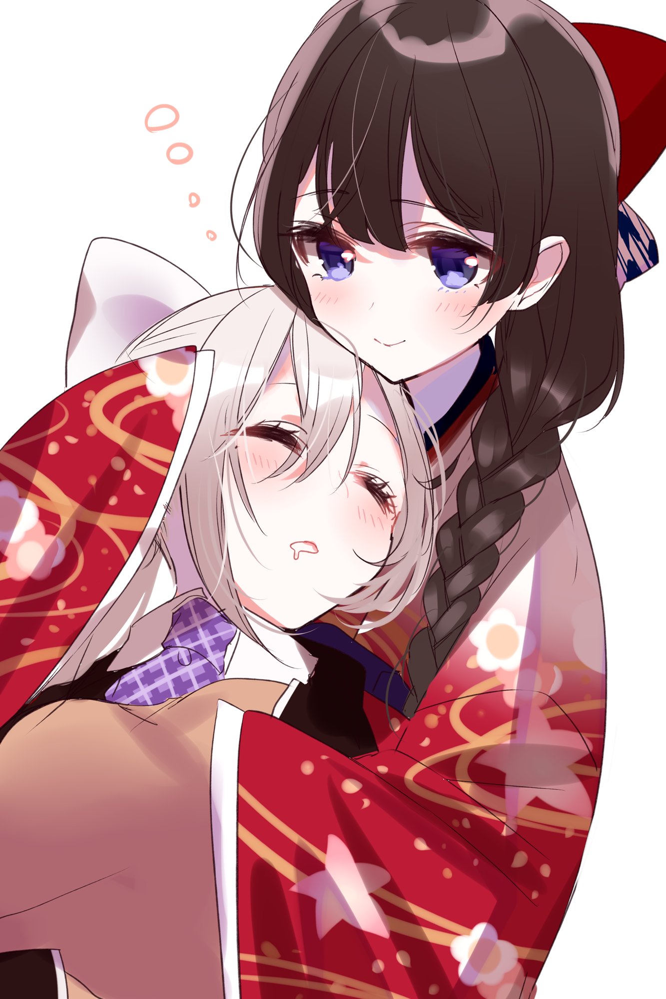 2girls black_jacket blazer blue_eyes blush bow bowtie braid brown_cardigan brown_hair cardigan closed_eyes collared_shirt hair_bow highres higuchi_kaede jacket japanese_clothes kimono long_hair misumi_(macaroni) multiple_girls nijisanji purple_neckwear red_kimono shirt silver_hair simple_background sleeping smile tsukino_mito virtual_youtuber white_background white_bow white_shirt