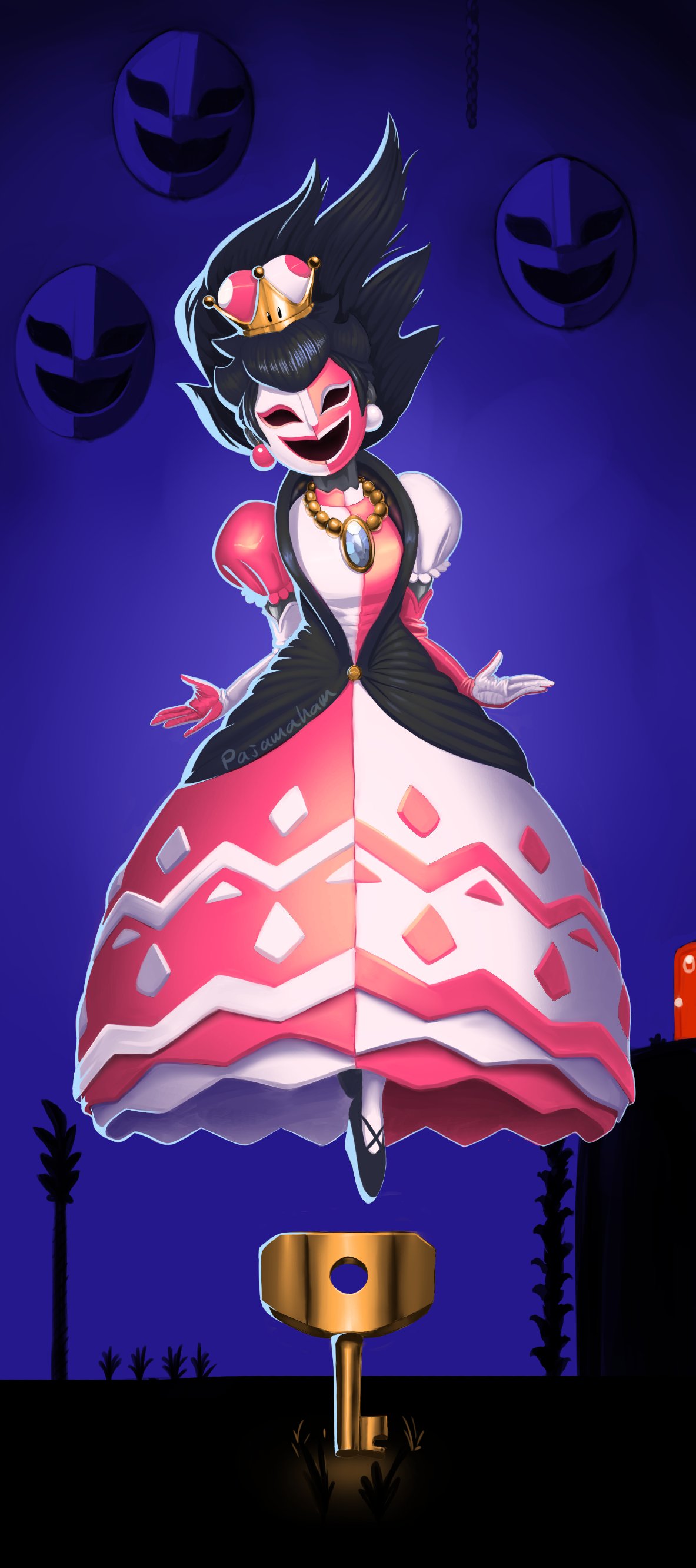 1girl absurdres artist_request black_hair brooch crown dress elbow_gloves floating gloves highres jewelry key long_hair super_mario_bros. mask new_super_mario_bros._u_deluxe nintendo personification phanto puffy_sleeves solo super_crown super_mario_bros.