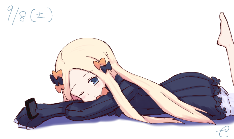 1girl abigail_williams_(fate/grand_order) bangs barefoot black_bow black_dress blonde_hair bloomers blue_eyes blush bow bug butterfly cellphone closed_mouth dated dress fate/grand_order fate_(series) hair_bow head_tilt holding holding_cellphone holding_phone insect kujou_karasuma leg_up long_hair long_sleeves lying no_hat no_headwear on_stomach one_eye_closed orange_bow outstretched_arm parted_bangs phone shadow signature sketch sleeves_past_fingers sleeves_past_wrists solo underwear very_long_hair white_background white_bloomers