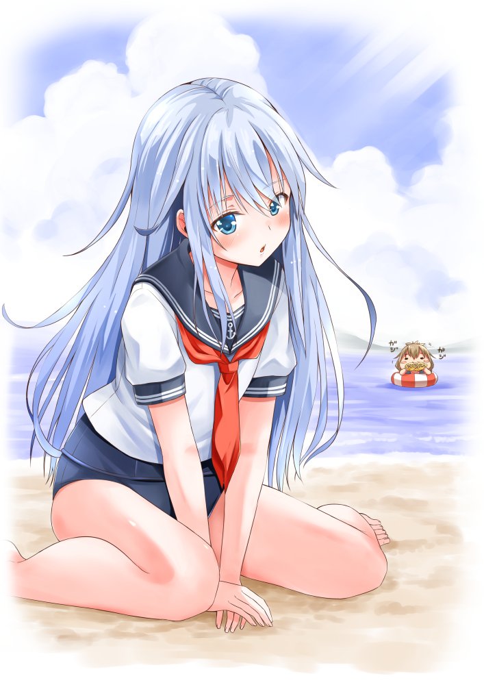 2girls anchor_symbol barefoot beach blue_eyes brown_hair clouds cloudy_sky commentary_request eating folded_ponytail fujishima_shinnosuke hair_between_eyes hibiki_(kantai_collection) inazuma_(kantai_collection) kantai_collection lifebuoy long_hair multiple_girls neckerchief ocean red_neckwear sailor_collar school_swimsuit school_uniform serafuku shirt short_sleeves silver_hair sky swimsuit white_shirt