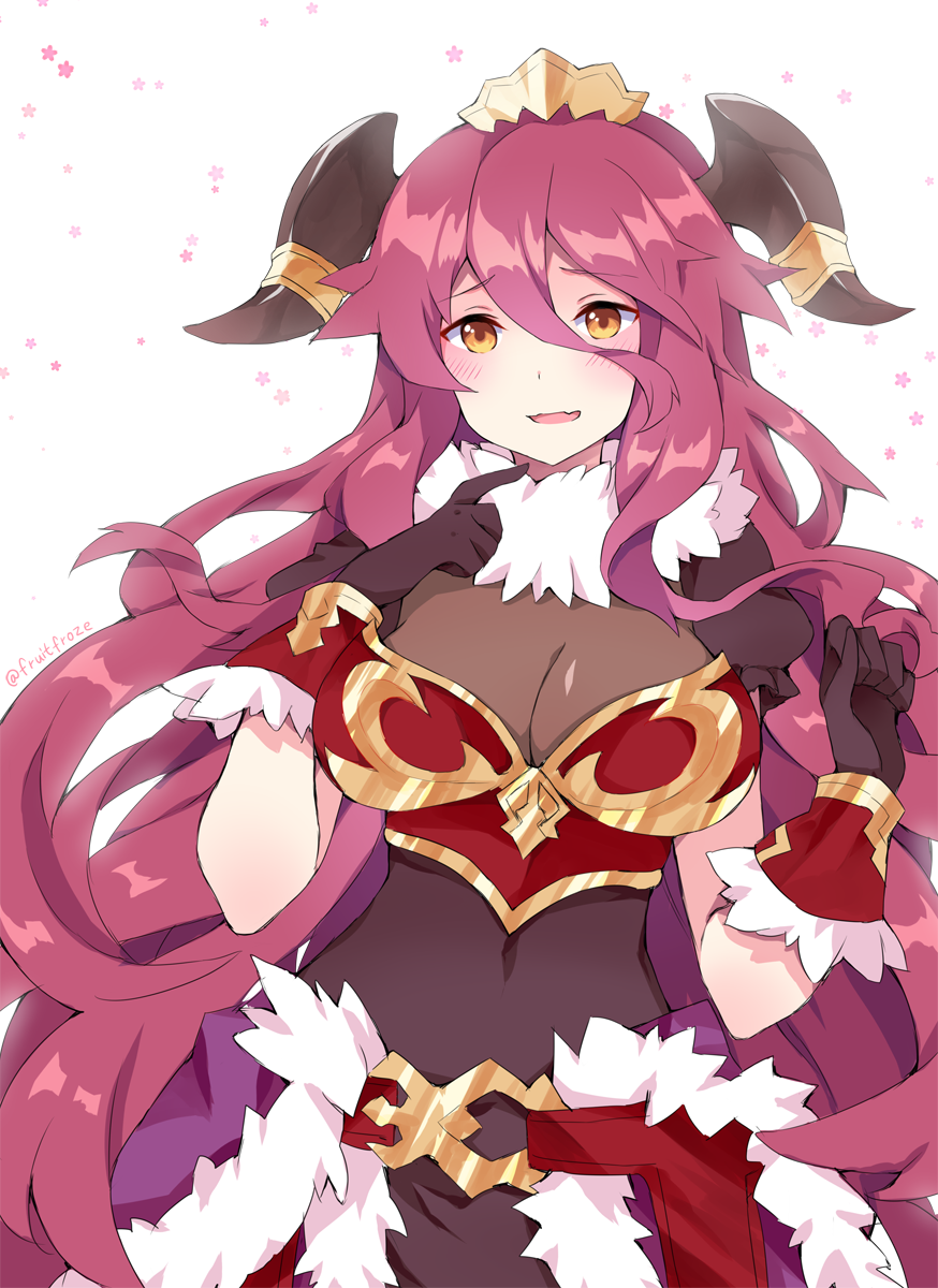 1girl blush breasts cleavage covered_navel dragalia_lost fang fruitfroze fur_collar fur_trim gloves highres horns long_hair mumu_(dragalia_lost) open_mouth redhead solo yellow_eyes