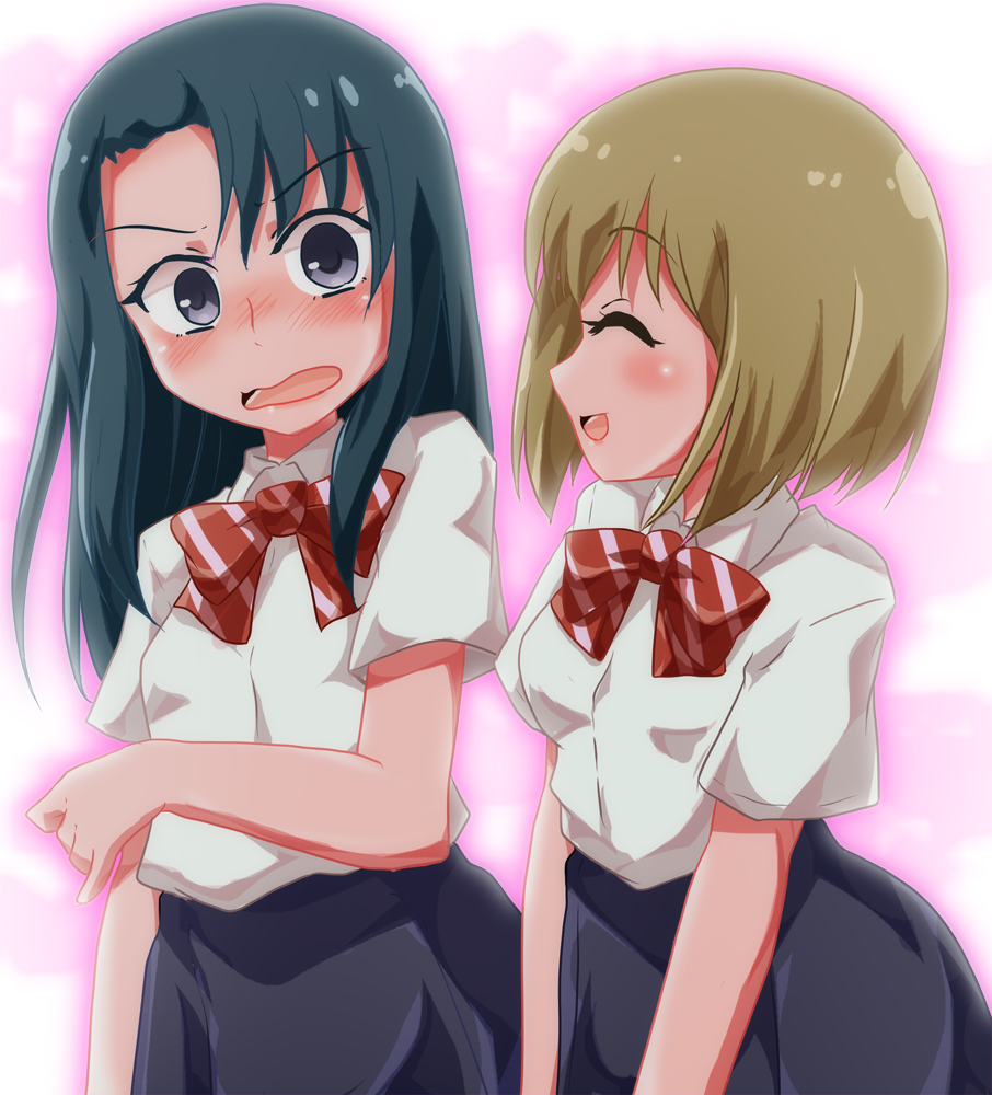 2girls arms_at_sides black_hair black_skirt blush bow brown_hair closed_eyes eyebrows_visible_through_hair gakuen_babysitters grey_eyes inomata_maria long_hair looking_at_another multiple_girls pink_background red_bow red_neckwear school_uniform shishinon short_hair short_sleeves skirt standing ushimaru_yuki