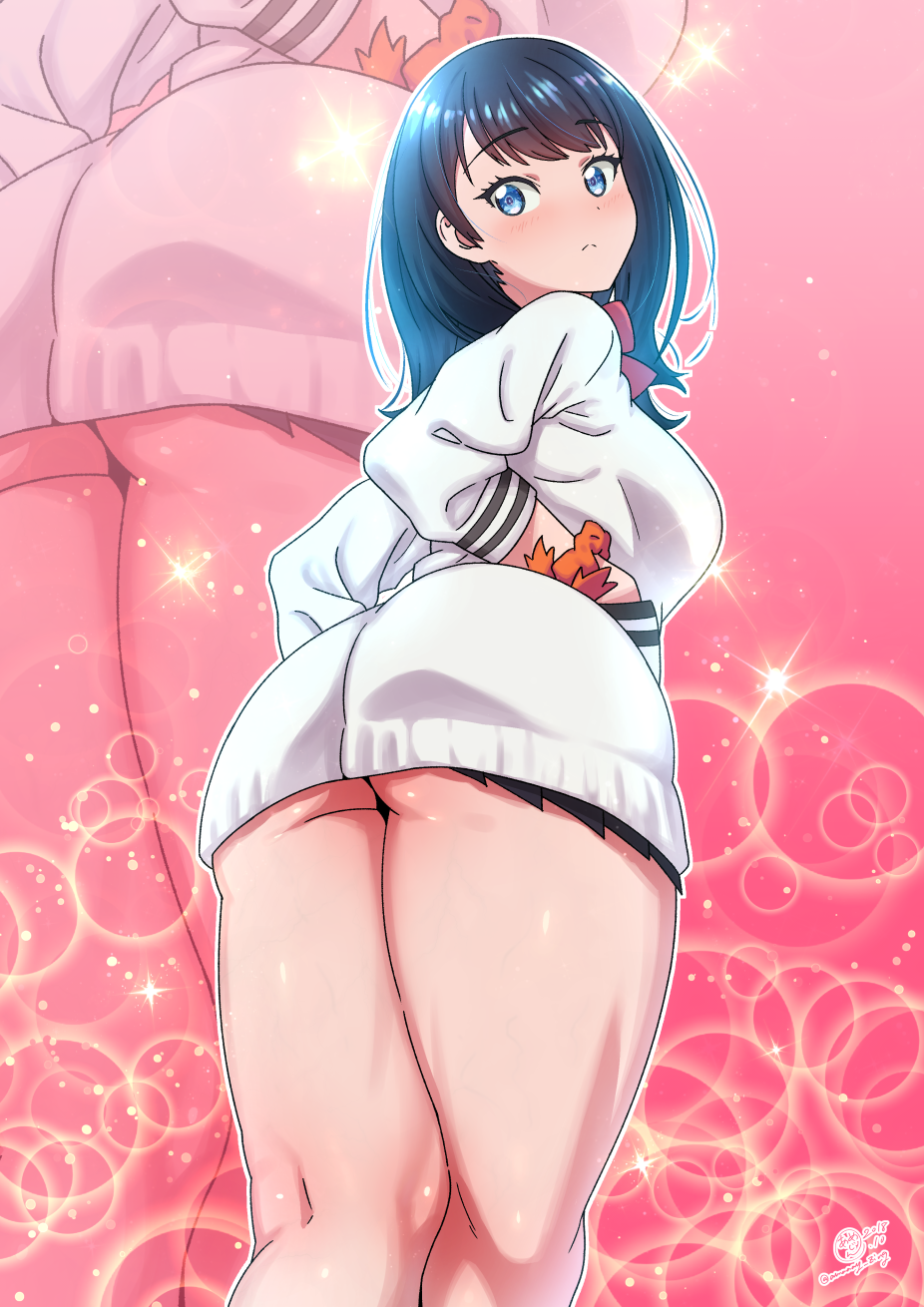 1girl artist_name ass bangs black_hair blue_eyes blush breasts cardigan closed_mouth commentary_request dated eyebrows_visible_through_hair from_behind highres jacket k.ty_(amejin) long_hair long_sleeves looking_at_viewer looking_back medium_breasts school_uniform shiny shiny_hair shiny_skin shirt skirt solo ssss.gridman standing takarada_rikka thighs white_shirt zoom_layer