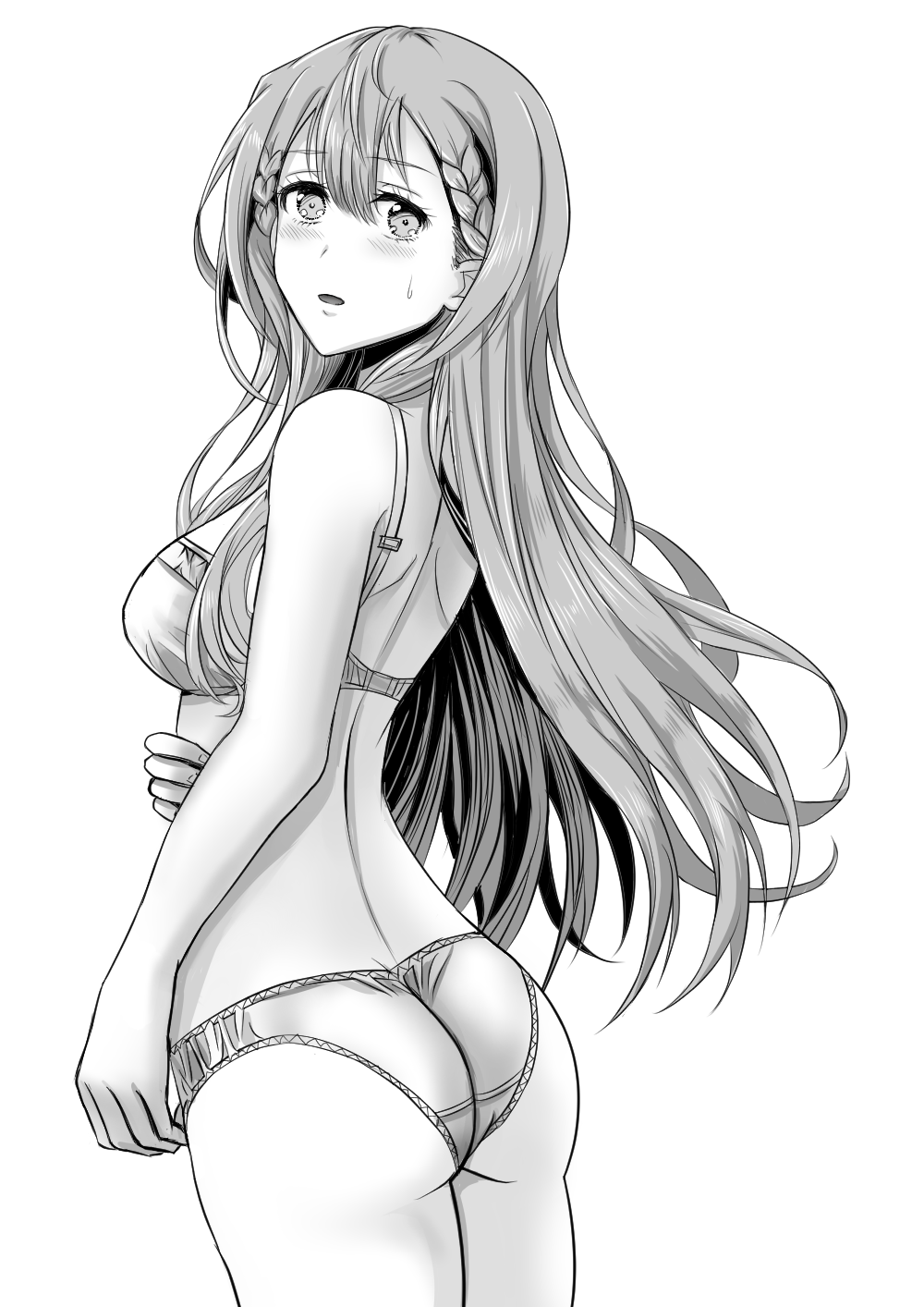 1girl ass back bangs blush bokutachi_wa_benkyou_ga_dekinai bra breasts cowboy_shot crotch_seam eyebrows_visible_through_hair from_behind greyscale highres kirisu_mafuyu light_frown long_hair looking_at_viewer looking_back monochrome panties parted_lips rintarou_(puuy4825) small_breasts solo standing sweatdrop underwear underwear_only