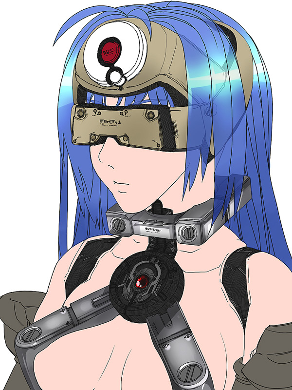 1girl android blue_hair breasts cleavage closed_mouth commentary_request cyborg forehead_protector head_mounted_display kos-mos kos-mos_(archetype) long_hair simple_background solo virtues white_background xenosaga xenosaga_episode_i