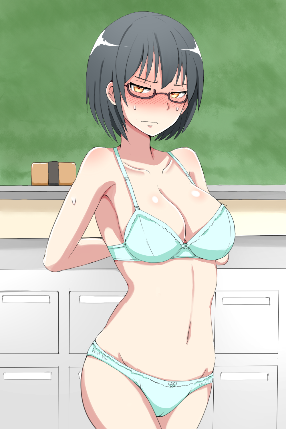 1girl asobi_asobase bangs black-framed_eyewear blush bow bow_bra bow_panties bra breasts chalkboard classroom cleavage collarbone commentary_request cowboy_shot embarrassed eraser frown glasses green_bra green_panties grey_hair half-closed_eyes highres indoors looking_at_viewer medium_breasts navel nomura_kasumi orange_eyes panties raichi_(ddq0246) semi-rimless_eyewear short_hair skindentation solo standing sweat sweatdrop under-rim_eyewear underwear underwear_only