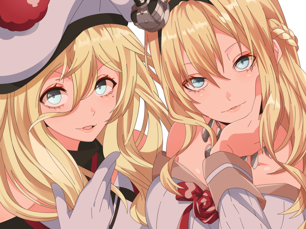 2girls beret blonde_hair blue_eyes braid close-up commentary_request crown dress flower french_braid gloves hair_between_eyes hat jewelry kantai_collection lips long_hair long_sleeves looking_at_viewer mini_crown mole mole_under_eye mole_under_mouth multiple_girls necklace off-shoulder_dress off_shoulder parted_lips pom_pom_(clothes) red_flower red_ribbon red_rose ribbon richelieu_(kantai_collection) rose salve_(8947279) warspite_(kantai_collection) white_dress white_gloves