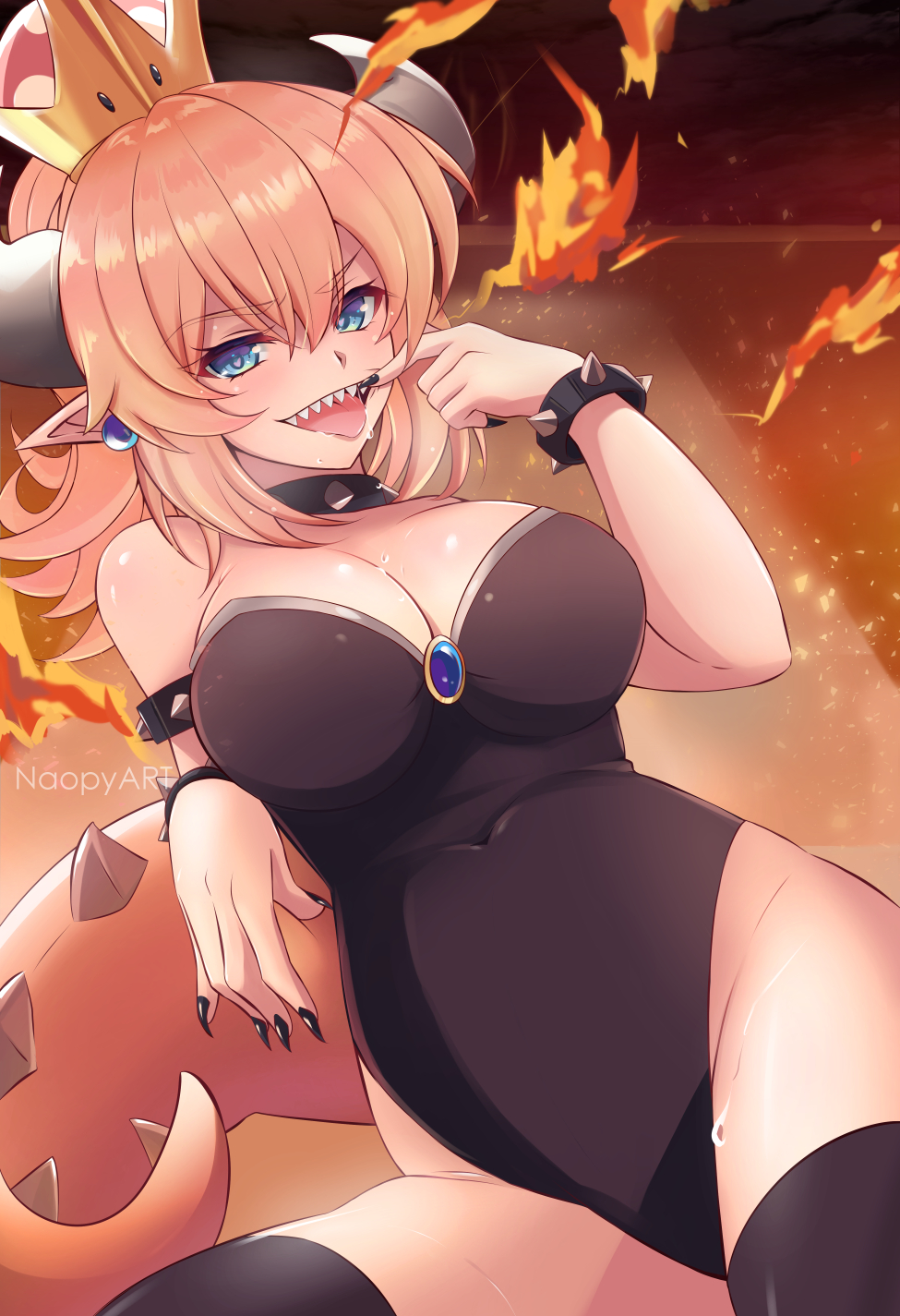 1girl armlet artist_name bare_shoulders black_legwear black_leotard blonde_hair blue_earrings blue_eyes bowsette bracelet breasts cleavage collar covered_navel earrings eyebrows_visible_through_hair fire hair_between_eyes highres jewelry large_breasts leotard looking_at_viewer super_mario_bros. naopy new_super_mario_bros._u_deluxe nintendo open_mouth pointy_ears ponytail saliva sharp_teeth short_hair solo spiked_armlet spiked_bracelet spiked_collar spikes super_crown tail teeth thigh-highs tongue tongue_out