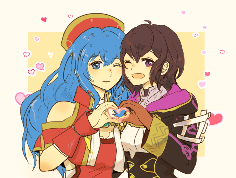 2girls ahoge black_hair blue_eyes blue_hair blush book dress fire_emblem fire_emblem:_fuuin_no_tsurugi fire_emblem:_kakusei fire_emblem_heroes gloves hat headband heart heart_hands hood jacket lilina long_hair looking_at_viewer mark_(female)_(fire_emblem) mark_(fire_emblem) multiple_girls nintendo open_mouth sasaki_(dkenpisss) short_hair simple_background smile