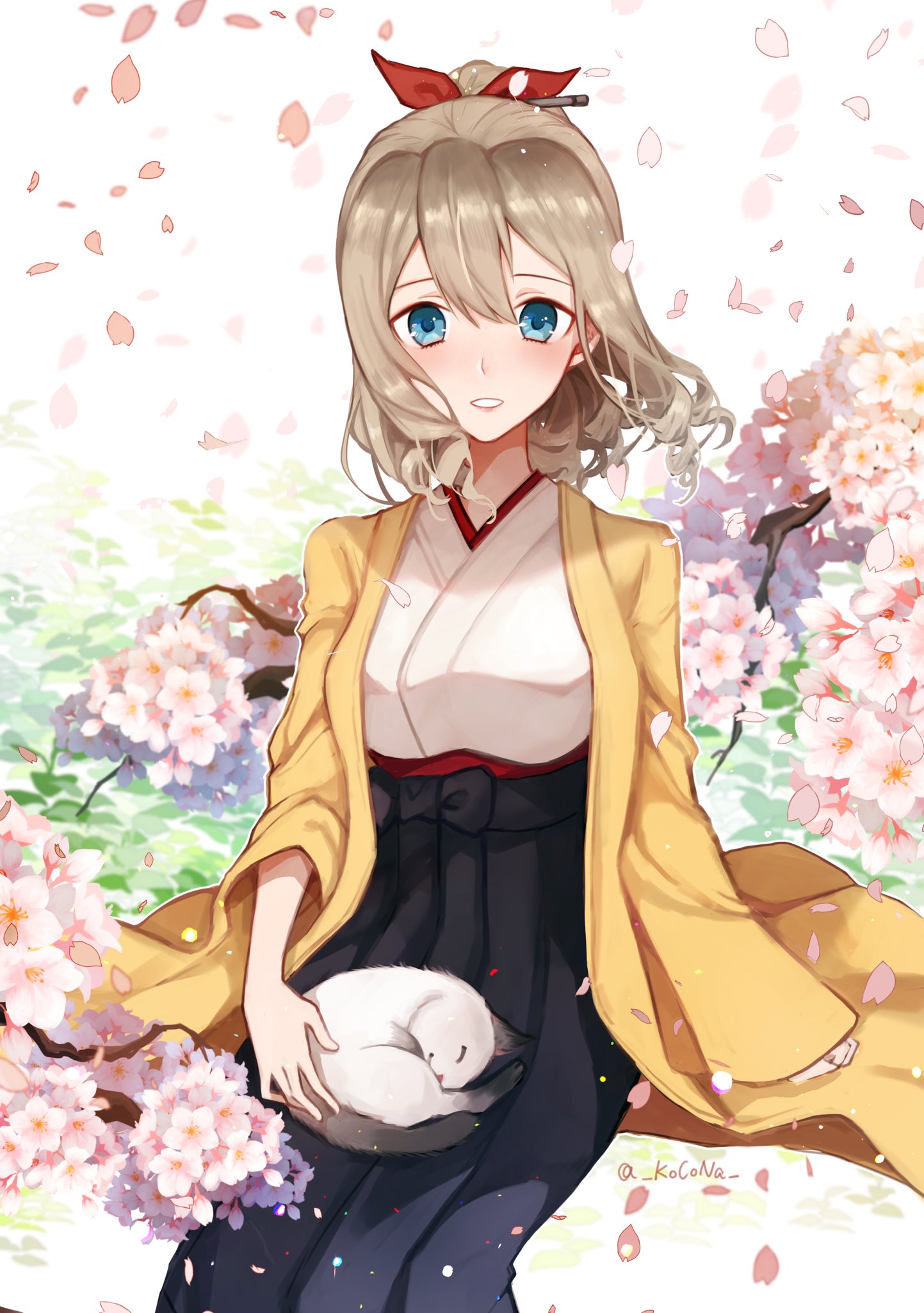 1girl blue_eyes breasts brown_hair cat cat_on_lap cherry_blossoms drill_hair furisode hakama_skirt hatakaze_(kantai_collection) highres japanese_clothes kantai_collection kimono kocona light_brown_hair looking_at_viewer medium_breasts meiji_schoolgirl_uniform ponytail short_hair sitting