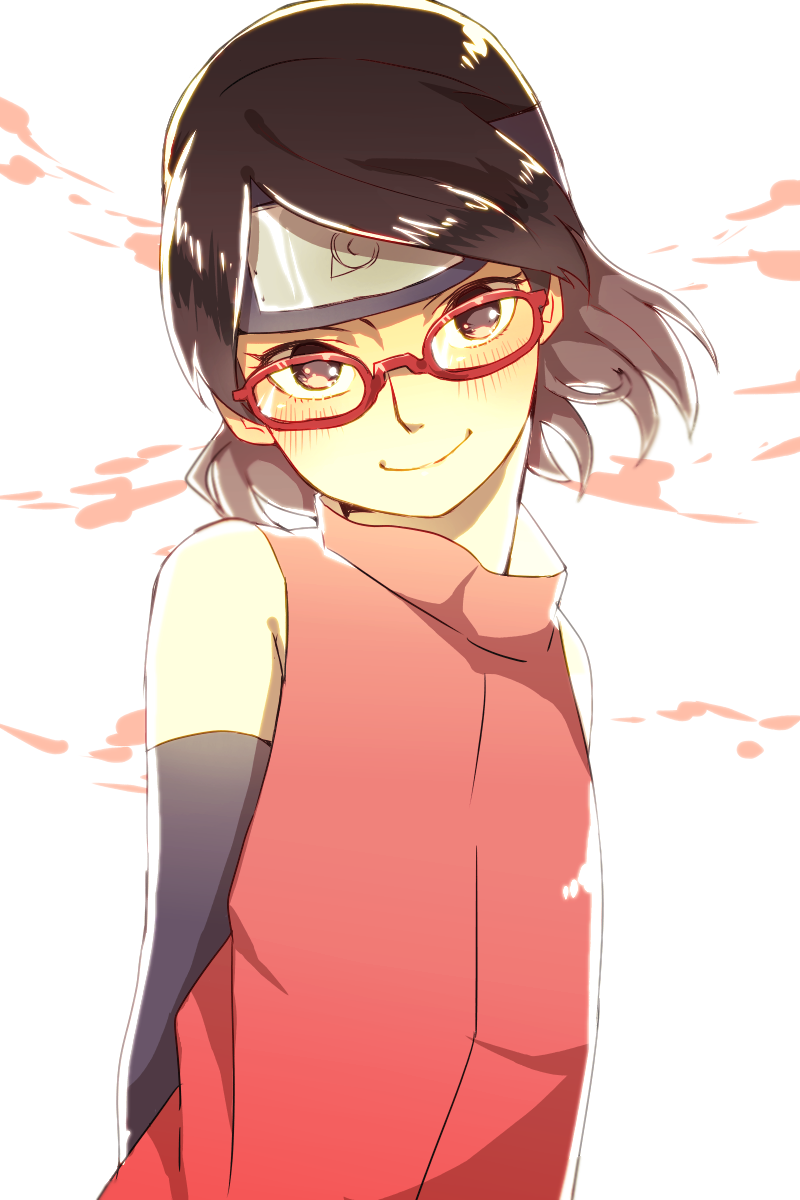 1girl arms_behind_back black_eyes black_hair blush boruto:_naruto_next_generations detached_sleeves forehead_protector glasses highres looking_at_viewer mizuto_(o96ap) naruto_(series) red-framed_eyewear short_hair smile solo uchiha_sarada upper_body white_background