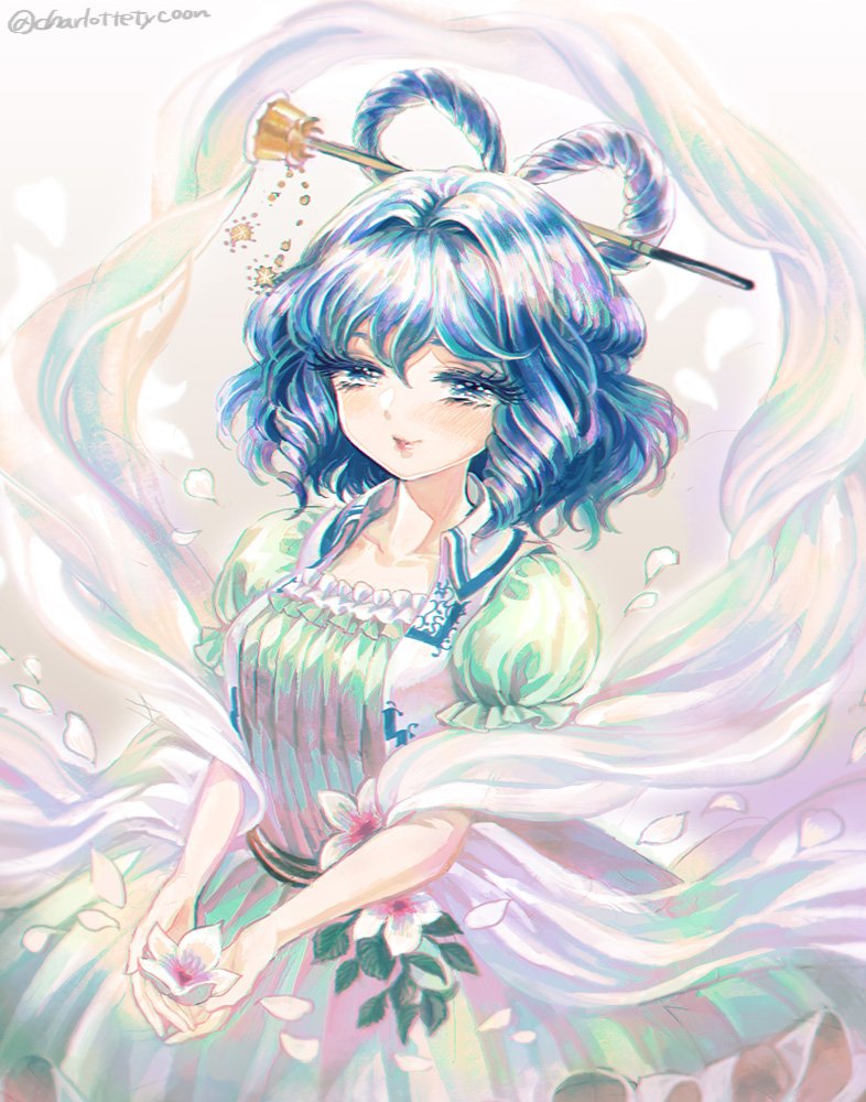 1girl backlighting blue_dress blue_eyes blue_hair blush collarbone dress flower hair_between_eyes hair_ornament hair_rings hair_stick holding holding_flower kaku_seiga leaf looking_at_viewer petals puffy_short_sleeves puffy_sleeves short_hair short_sleeves smile solo takatora touhou twitter_username veil