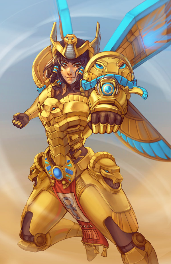 1girl aiming_at_viewer alternate_costume arm_cannon asp_pharah bangs black_hair brown_eyes clenched_hands commentary dark_skin dreamer_whit egyptian english_commentary eye_of_horus eyeshadow facial_tattoo flying grin loincloth makeup mechanical_wings medium_hair overwatch pharah_(overwatch) power_suit smile solo tattoo thick_eyebrows weapon wings