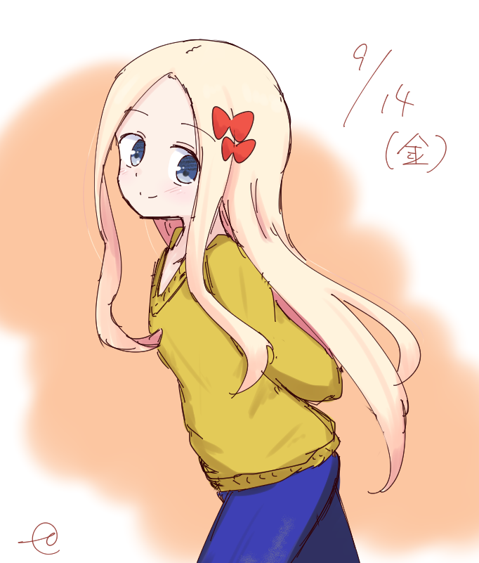 1girl abigail_williams_(fate/grand_order) arm_behind_back blonde_hair blue_pants blush bow brown_background brown_sweater closed_mouth dated eyebrows_visible_through_hair fate/grand_order fate_(series) forehead gradient gradient_background hair_bow head_tilt kujou_karasuma long_hair long_sleeves looking_at_viewer looking_to_the_side pants red_bow signature sketch smile solo sweater very_long_hair white_background