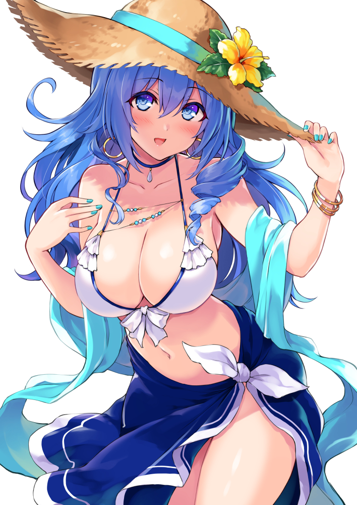 1girl :d bangle bangs bare_shoulders bikini blue_eyes blue_hair blue_nails blue_ribbon blue_sarong blush bracelet breasts cleavage collarbone commentary_request cu-no earrings eyebrows_visible_through_hair fingernails flower hair_between_eyes hand_on_headwear hands_up hat hat_flower hat_ribbon head_tilt hisenkaede hoop_earrings jewelry kohitsuji_ai large_breasts long_hair looking_at_viewer nail_polish navel open_mouth ribbon sarong simple_background smile solo straw_hat sun_hat swimsuit very_long_hair white_background white_bikini yellow_flower