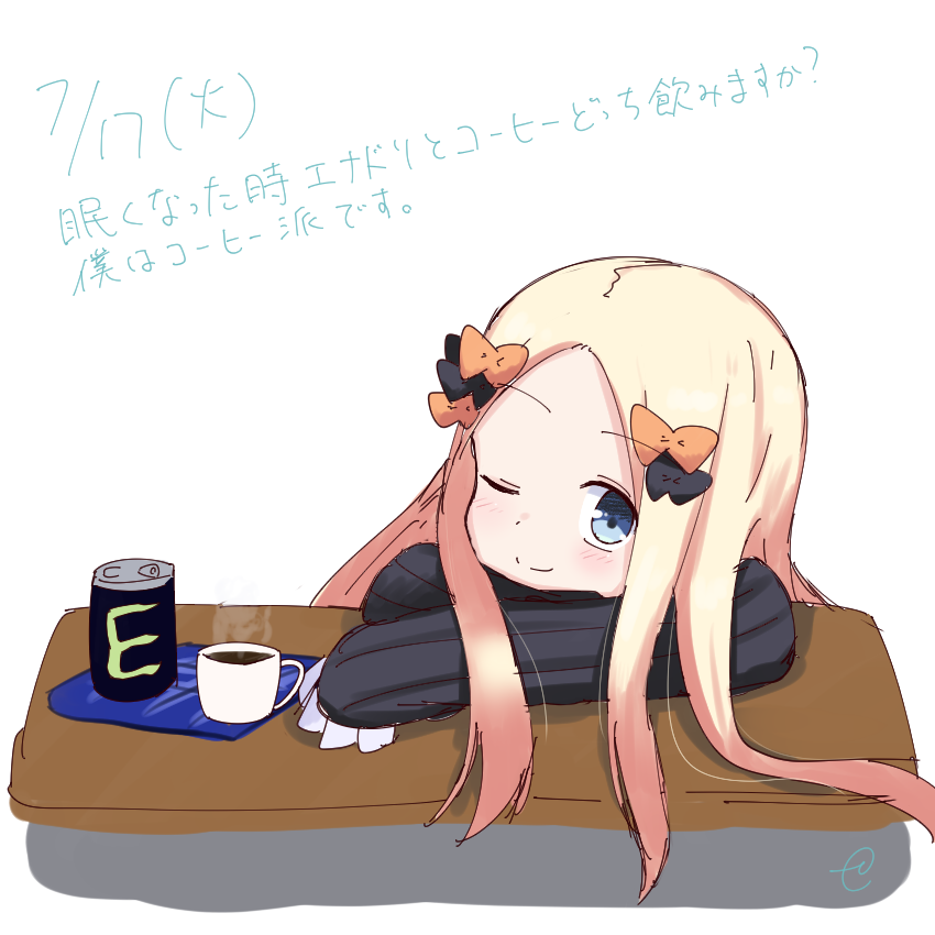 1girl ;) abigail_williams_(fate/grand_order) arm_rest bangs black_bow black_dress blonde_hair blue_eyes blush bow bug butterfly can closed_mouth coffee cup dated desk dress eyebrows_visible_through_hair fate/grand_order fate_(series) forehead hair_bow head_rest insect kujou_karasuma long_hair long_sleeves looking_at_viewer no_hat no_headwear one_eye_closed orange_bow parted_bangs signature simple_background sketch sleeves_past_fingers sleeves_past_wrists smile solo steam teacup translation_request white_background