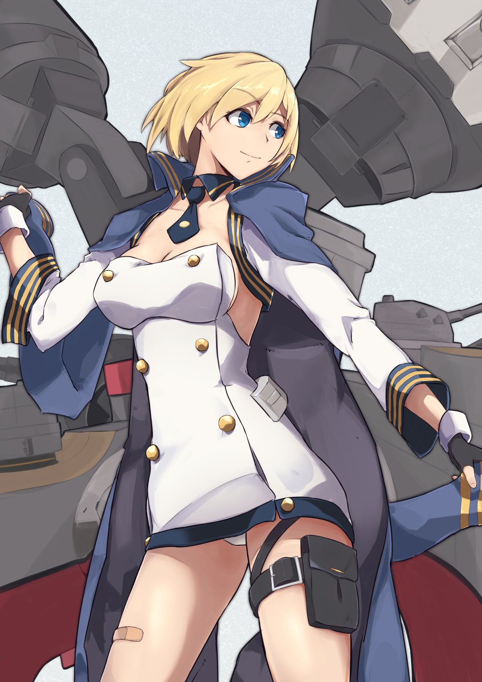 1girl azur_lane bandaid bangs black_gloves blonde_hair blue_background blue_eyes breasts california_(azur_lane) cleavage commentary_request dress fingerless_gloves gloves hair_between_eyes hat highres jacket_on_shoulders machinery marshall2033 medium_breasts necktie outdoors panties short_hair smile solo standing thigh_strap thighs underwear