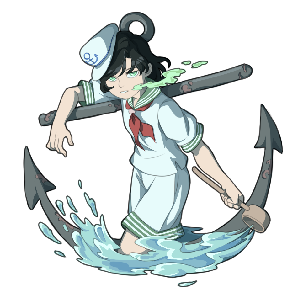 1girl anchor black_hair cowboy_shot green_eyes green_sailor_collar hat hishaku ladle liquid medium_hair mefomefo murasa_minamitsu parted_lips red_neckwear sailor sailor_collar sailor_hat shirt short_sleeves shorts simple_background solo touhou water white_background white_shirt white_shorts